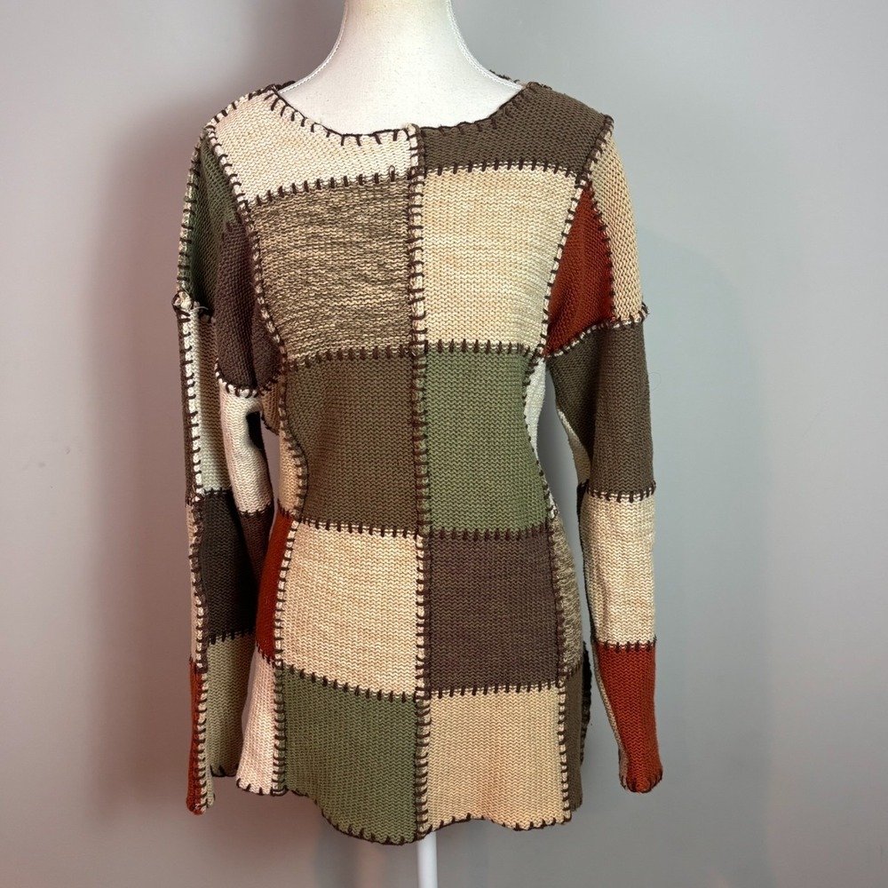 Y2K DBL Womens Brown Chunky Knit Patchwork Sweater sz MED Boho Unique Fall Warm